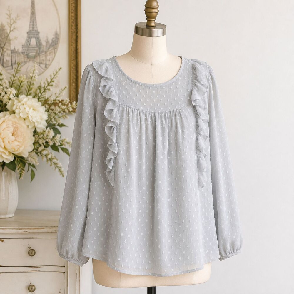 J.Crew Gray Ruffle Accented Textured Swiss Dot Top Size 8